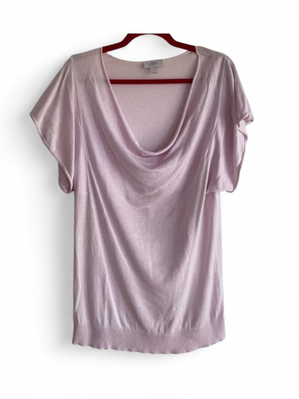 LOFT Pink Drape Neck Lightweight Knit Short Sleeve Sweater Size L